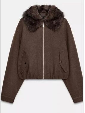 Zara soft faux fur collar bomber jacket.  Brown.  Size M